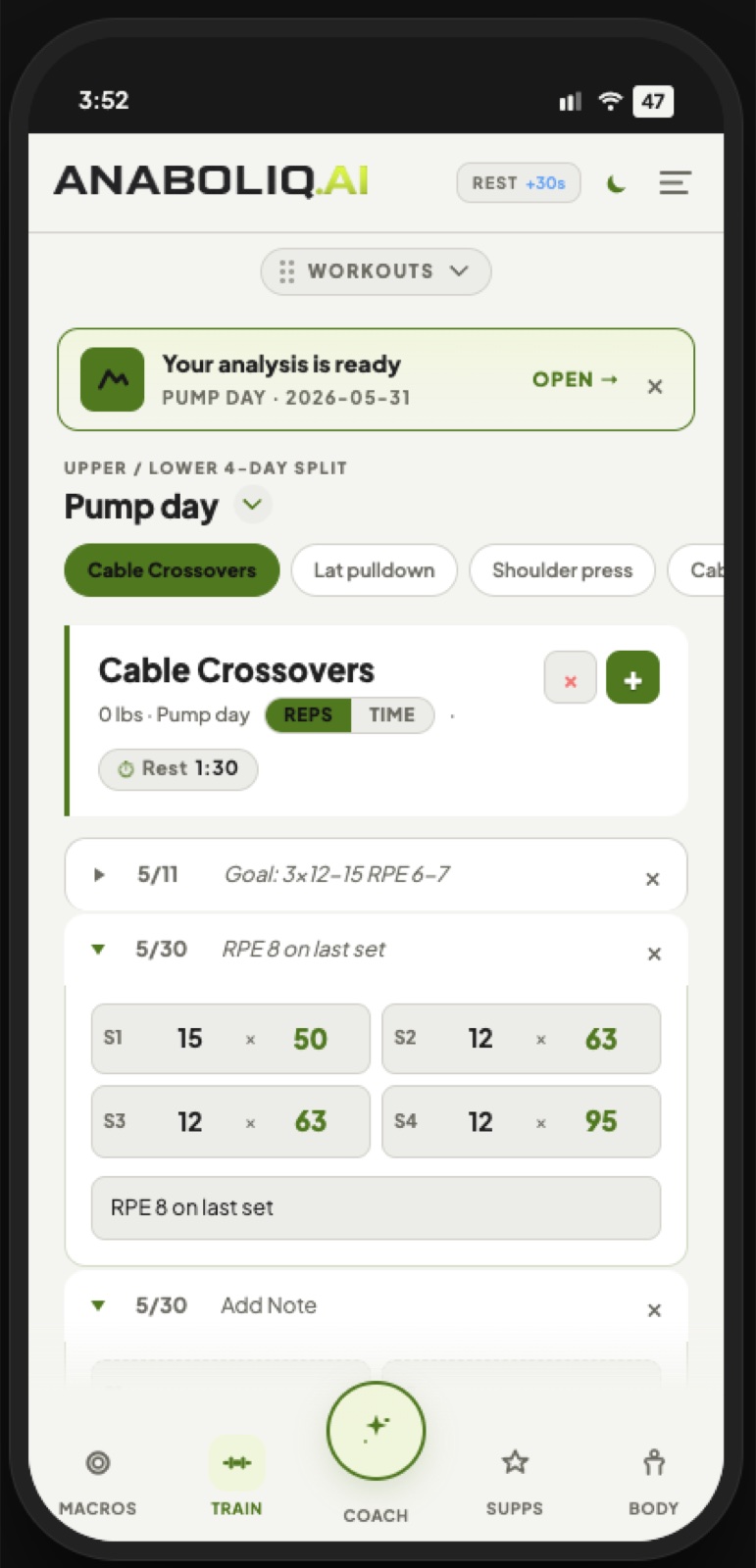 Workout logging screen