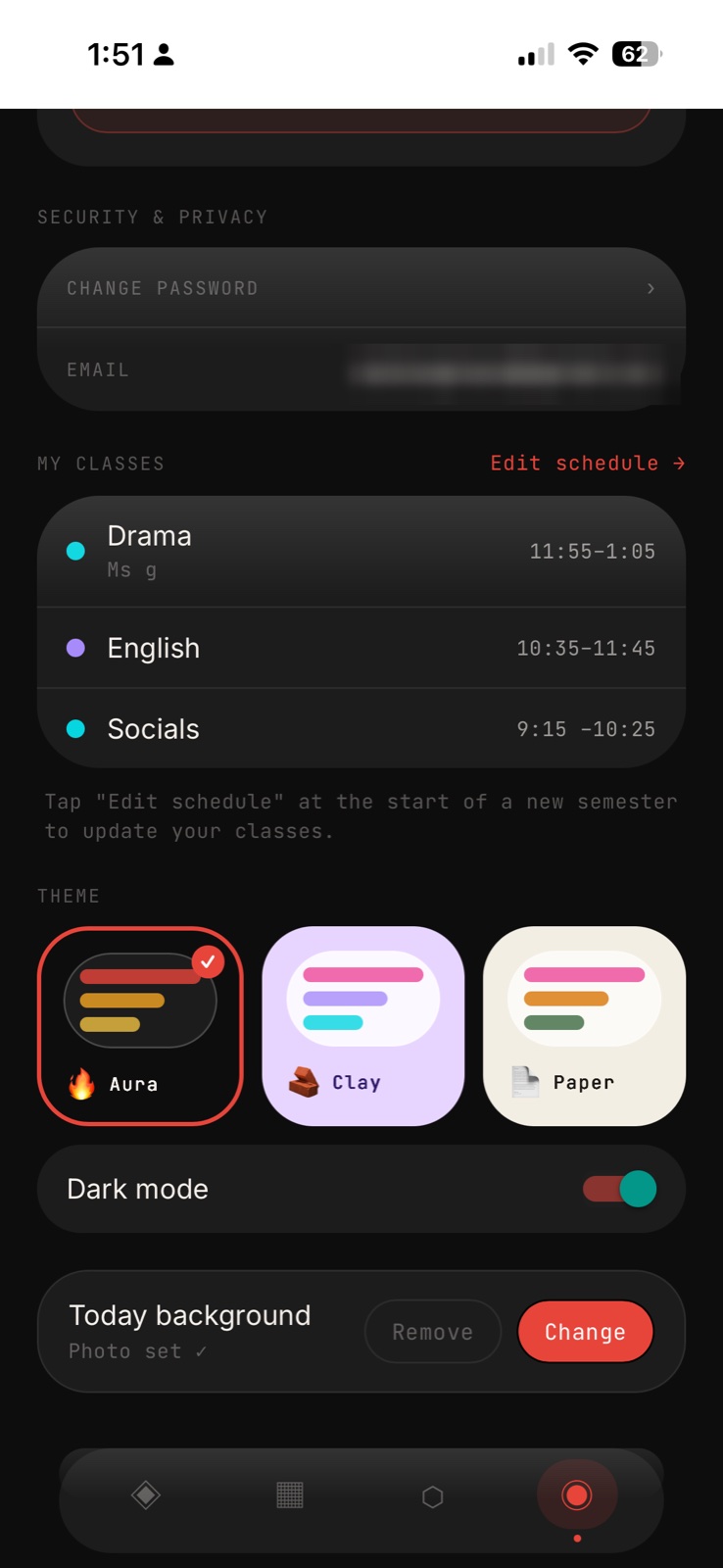 Settings & themes screen