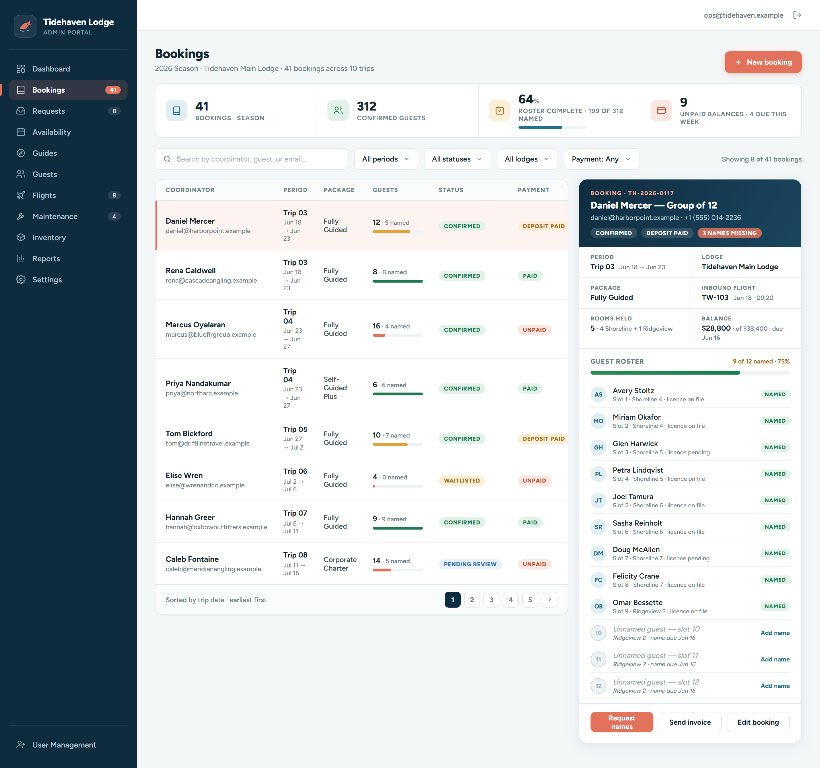 Bookings Manager screen